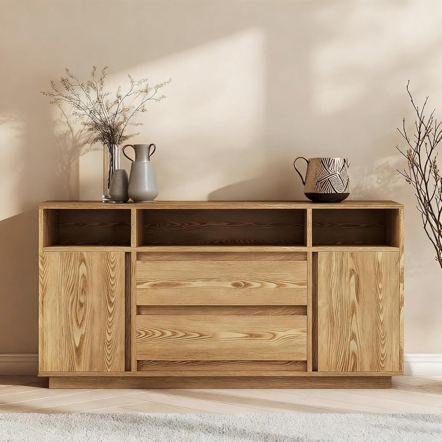 63 Inch Natural Solid Wood Sideboard With Drawers Storage