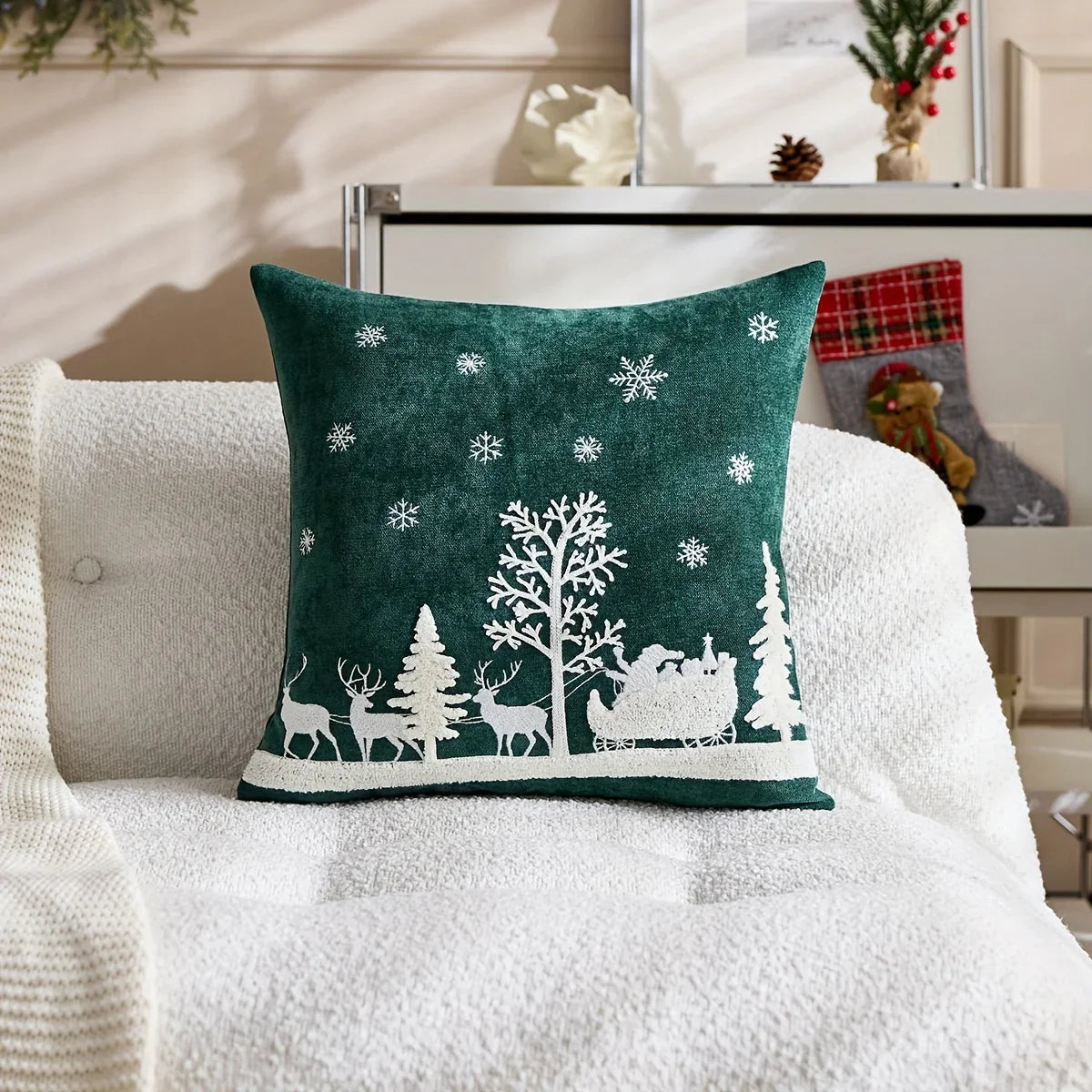 Chenille Christmas Pillowcase with Embroidered Santa Sled Design