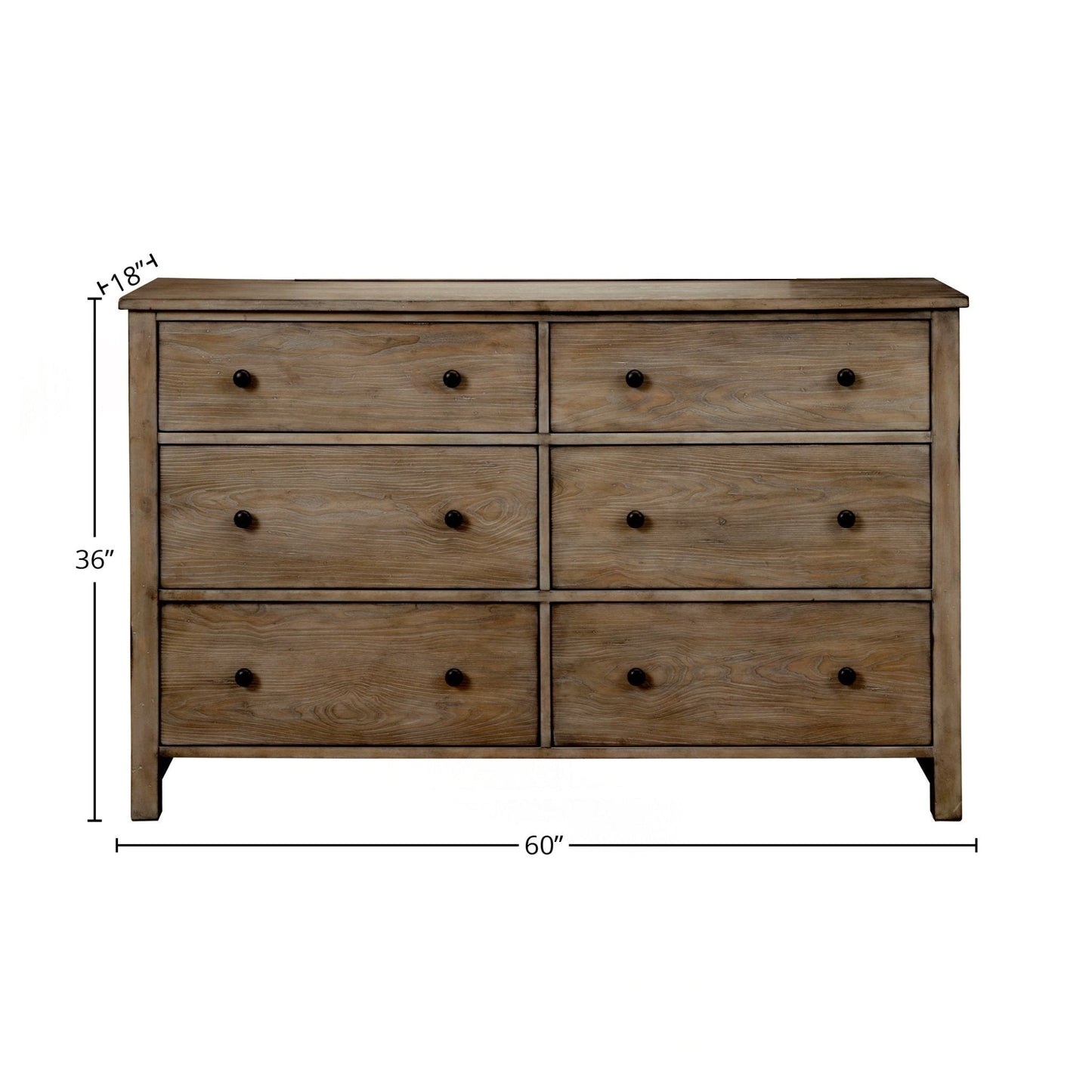 Classic Dresser with six drawers, Natural Gray finish, and brass knobs, showcasing a weathered appearance.