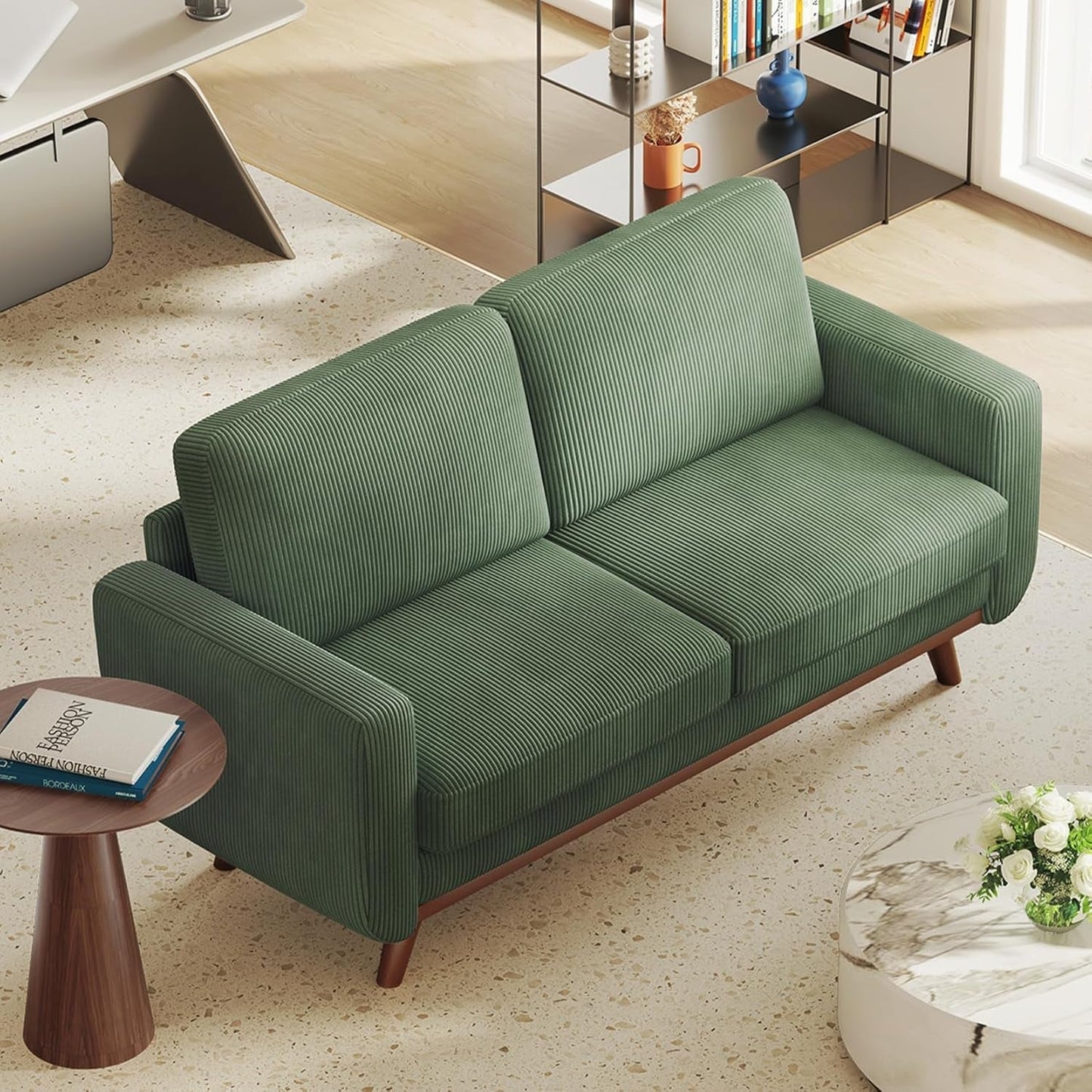 Comfy Green Corduroy Loveseat Sofa with Solid Wood Frame