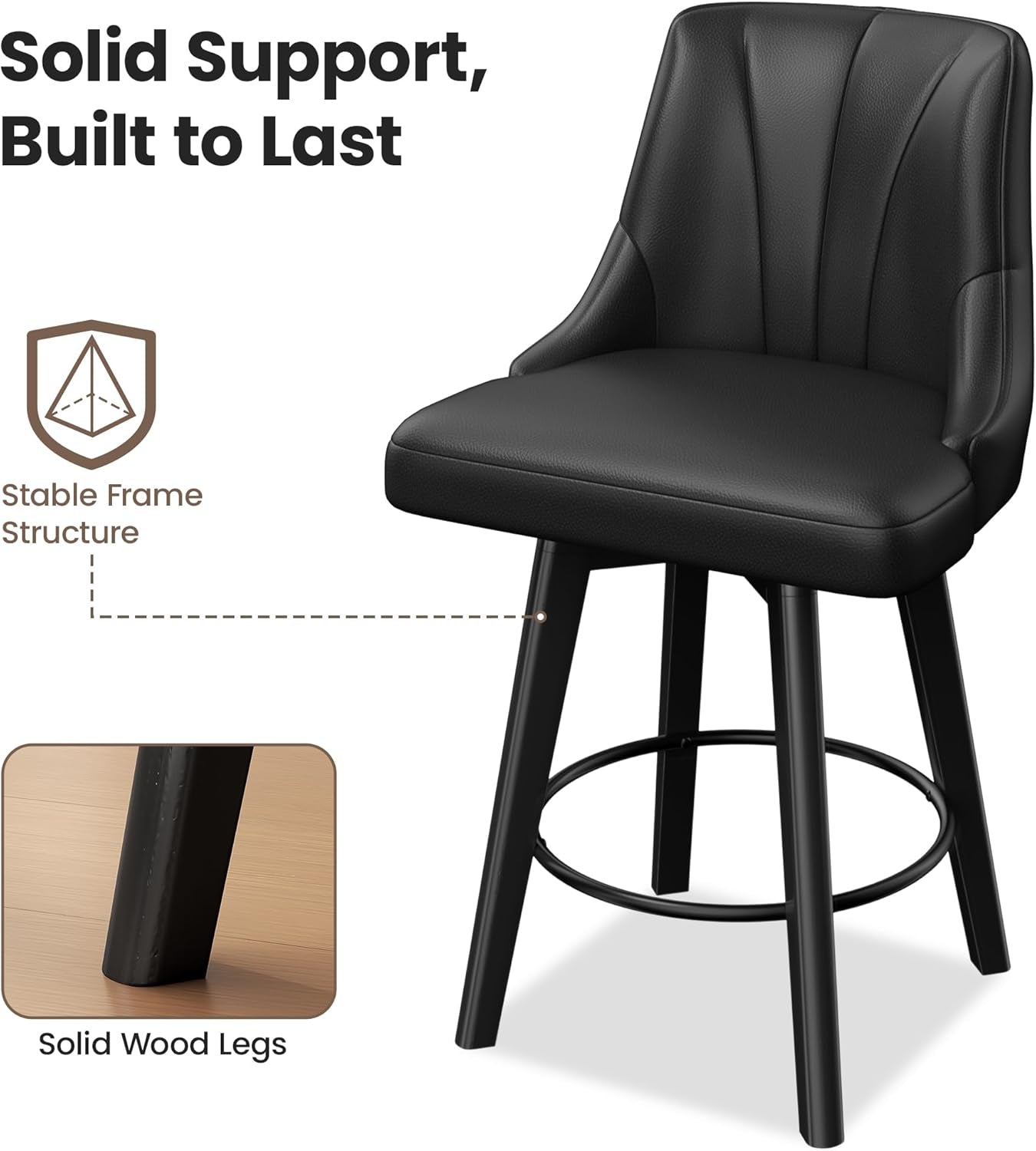 Counter Height Swivel Bar Stool 24 Inch Set Of 3 Black PU Leather
