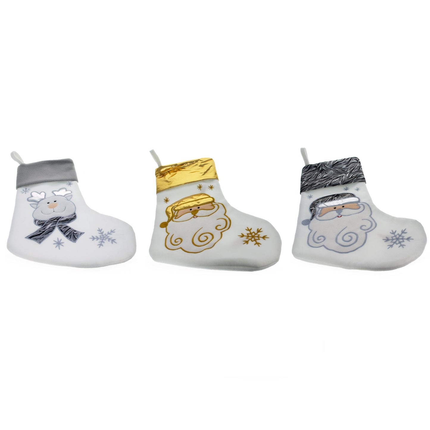 Set of 3 Gold and Silver, on White Felt Santa, Reindeer Christmas Stockings 15 Inches