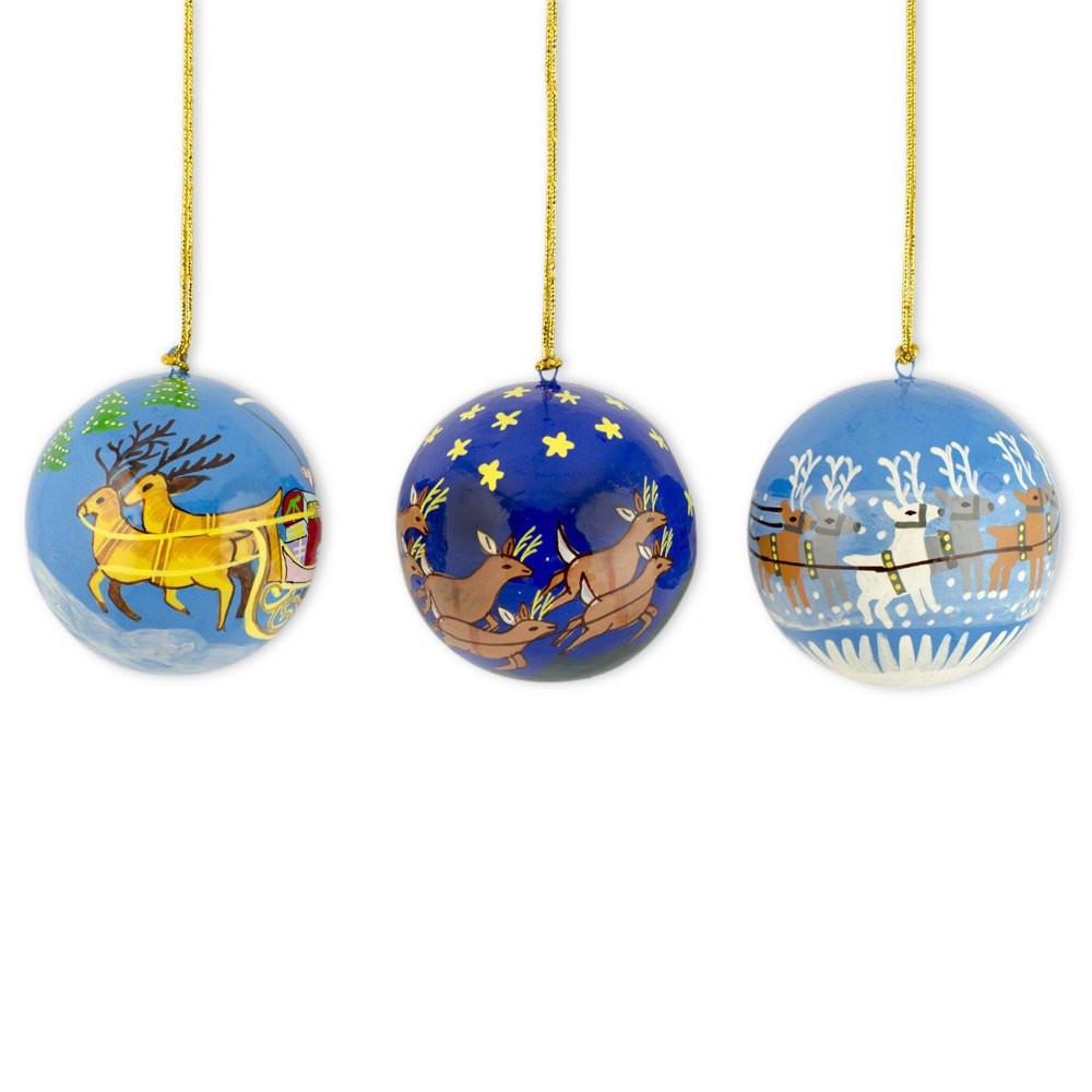 Set of 3 Santa Sleigh Reindeer Wooden Christmas Ball Ornaments