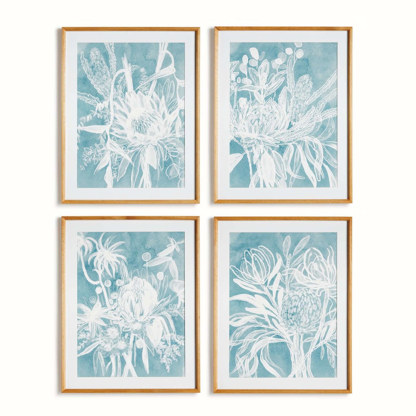 Cyanotype-Inspired Protea Wall Art with Wood Frames (Set of 4)