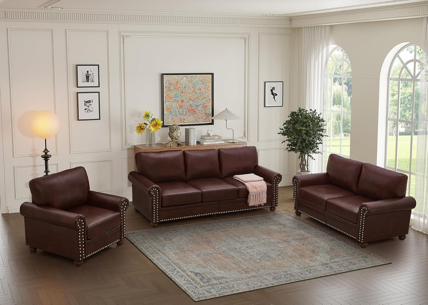 3 Piece Faux Leather Sofa Set With Storage In Burgundy Mid Century Modern Living Room