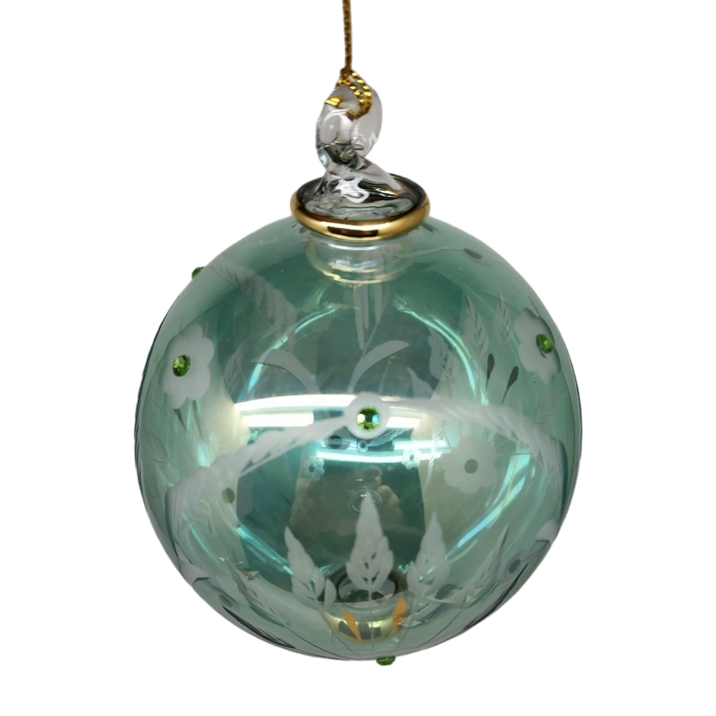Etched Blown Glass Ball with Crystal Accents - Green
