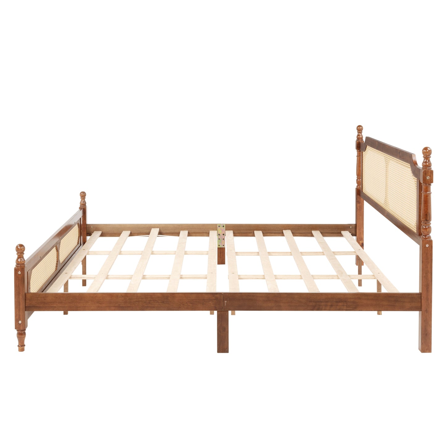 King Pine wooden Bed with Rattan Headboard and Footboard, with Central Enhanced Bed Platform,Walnut