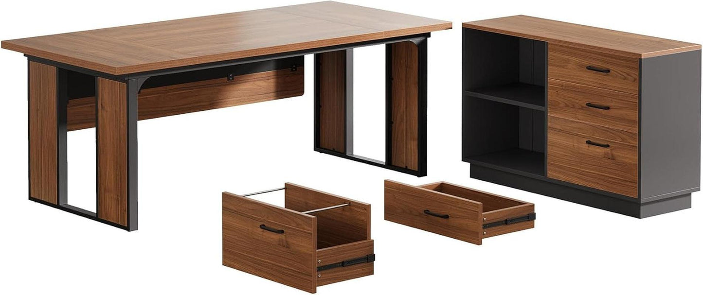 63 Inch L Shaped Executive Desk With Storage Shelves
