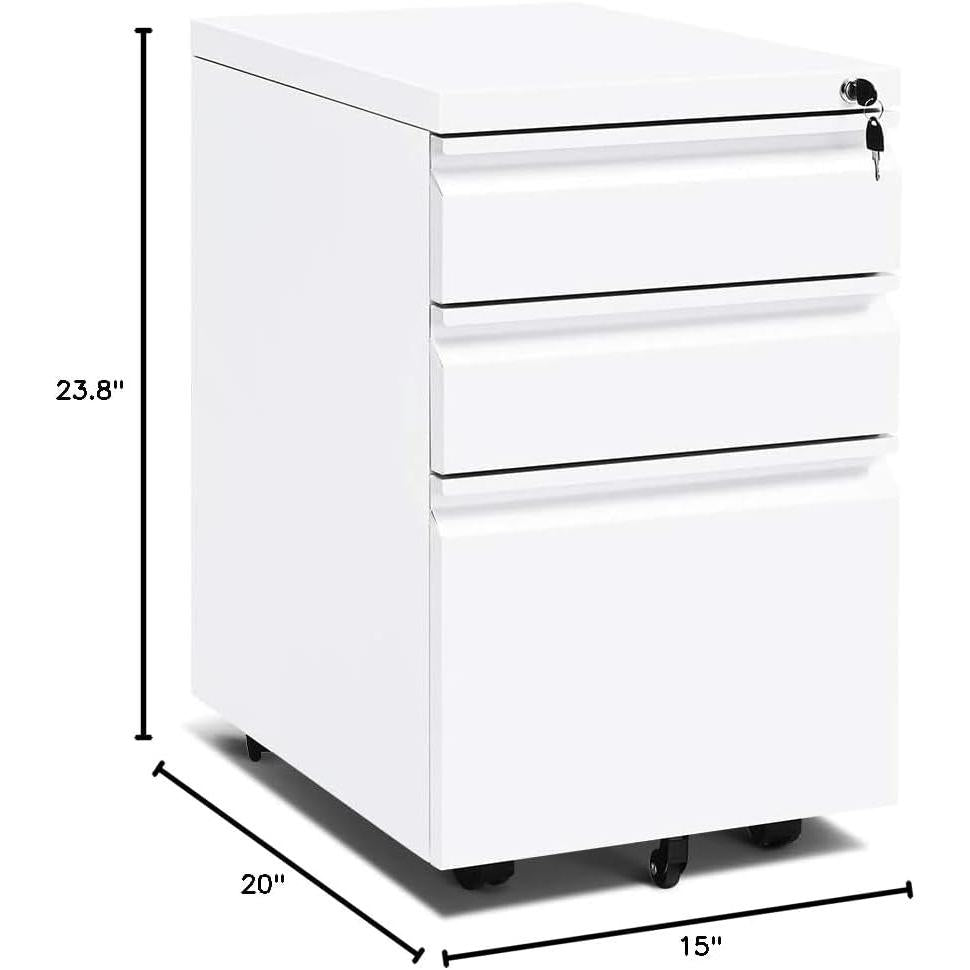 Locking 3-Drawer Rolling File Cabinet For Home Office