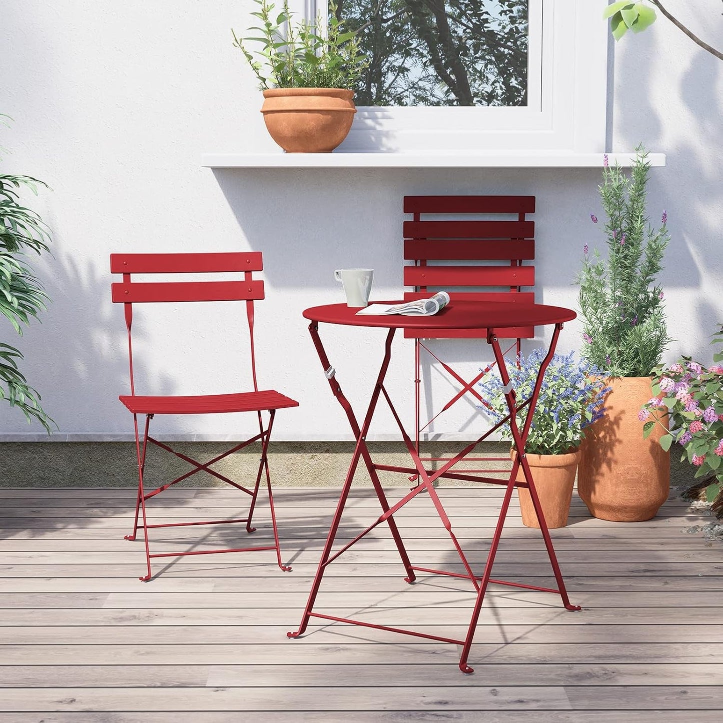 3-Piece Folding Outdoor Bistro Set Red Cushioned Seats