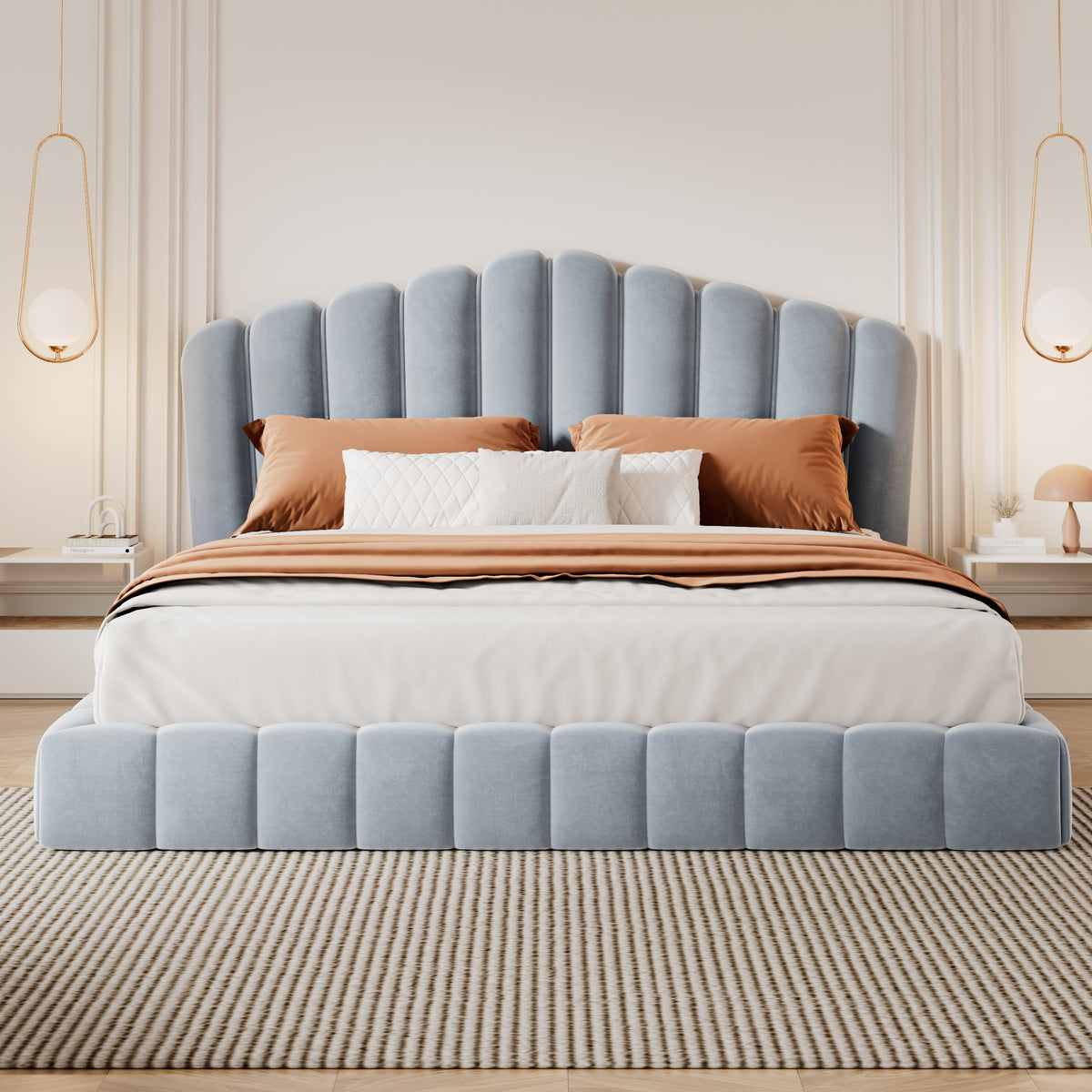 Velvet Upholstered Queen Bed Frame with Shell-Shaped Headboard