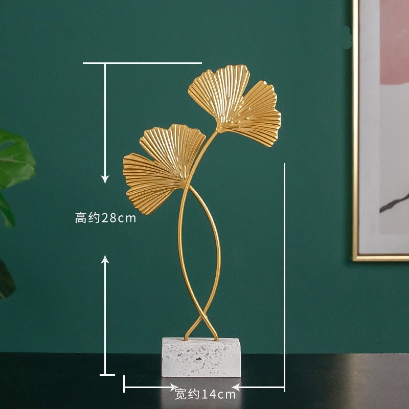 Golden Leaf Metal Sculpture on Wood Base – Ginkgo & Monstera