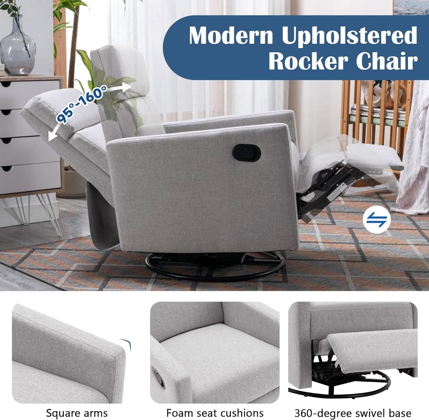 Gray Swivel Recliner Chair With Glider And Headrest