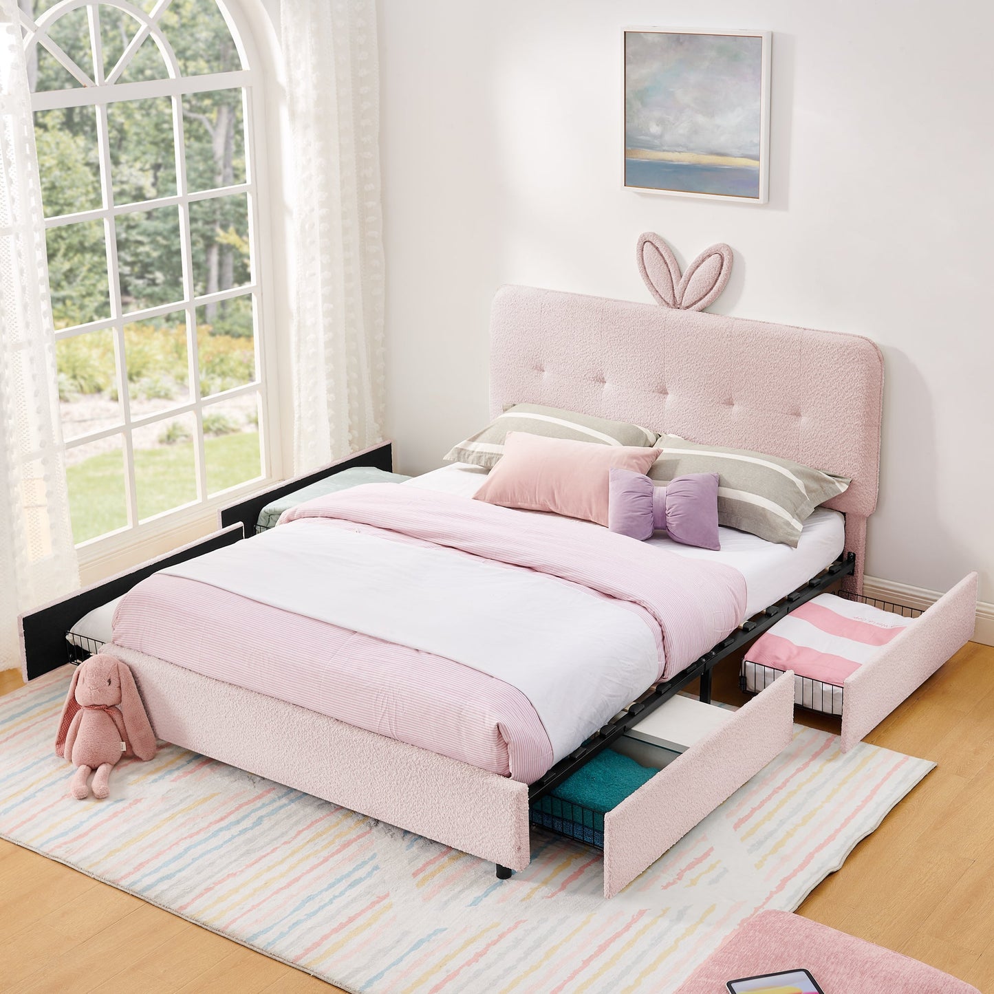 Queen Size Kids Upholstered Bed with Rabbit Ear Headboard