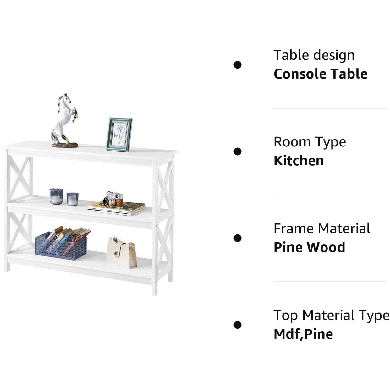 White Three Tier Console Table With Storage Shelves
