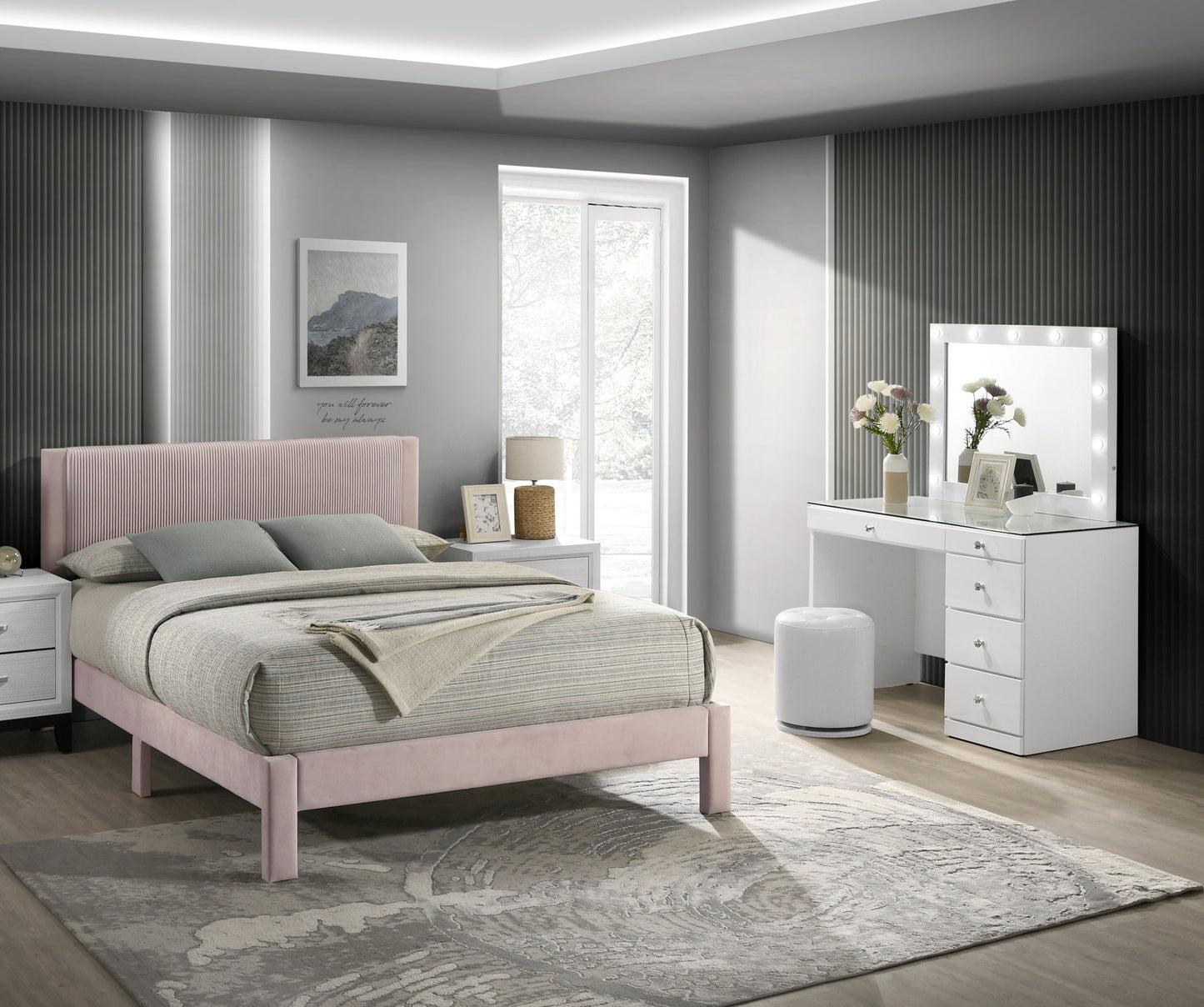 1pc Contemporary Plush Upholstered Headboard Ribbed Texture Low-profile Frame Unobtrusive Legs Youth Kids Twin Platform Bed Pink Bedroom Furniture