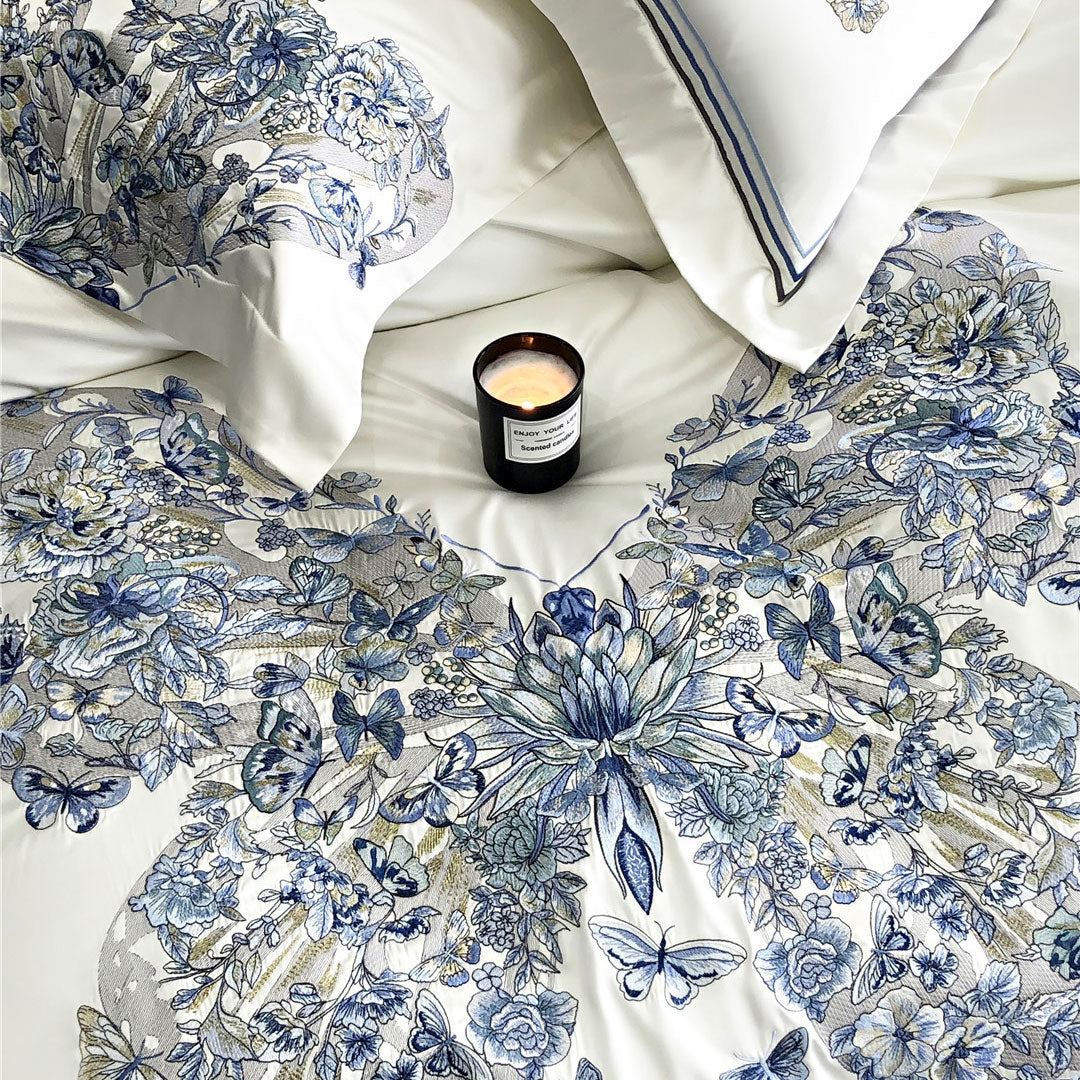 White Egyptian Cotton Butterfly Embroidery Bedding Set
