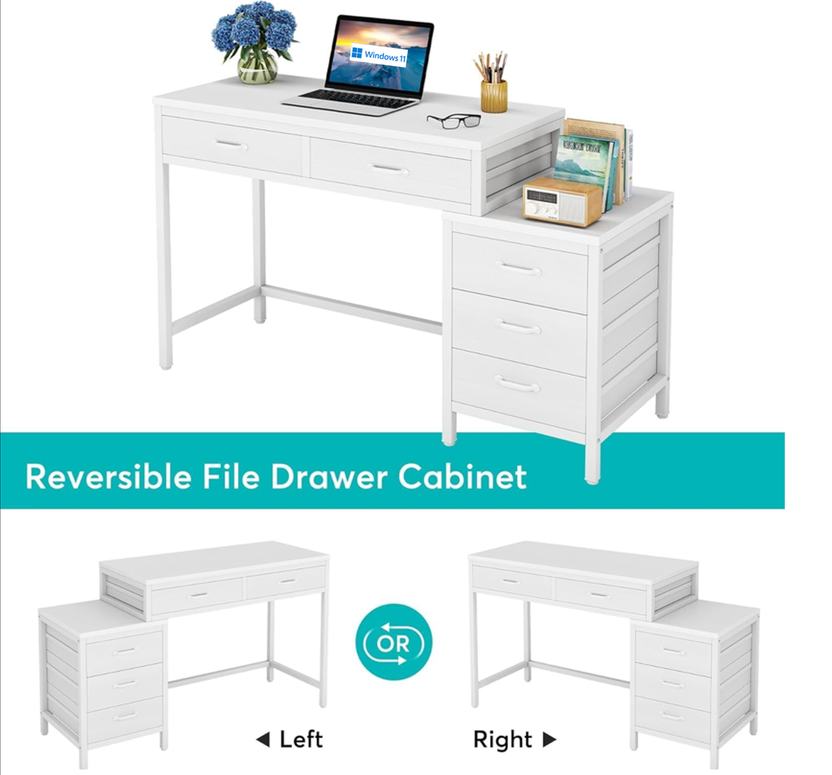 51" Reversible Computer Desk with 5 Drawers and File Cabinet