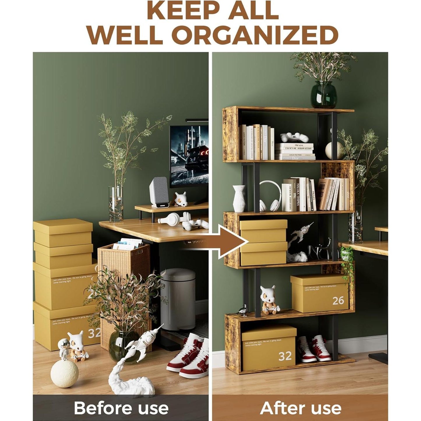 5-Tier S Shaped Bookcase In Rustic Brown Wood Shelving