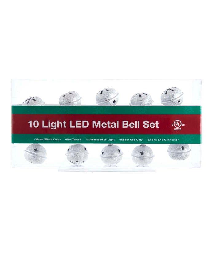 10-Light Silver Bell With Warm White LED Light Set