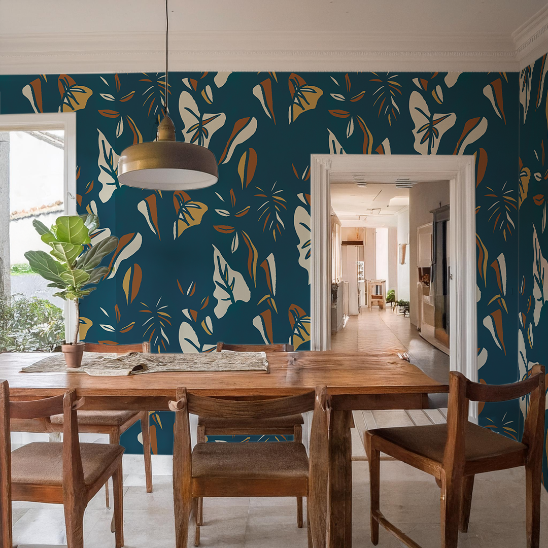 Block Print Foliage Wallpaper, blue