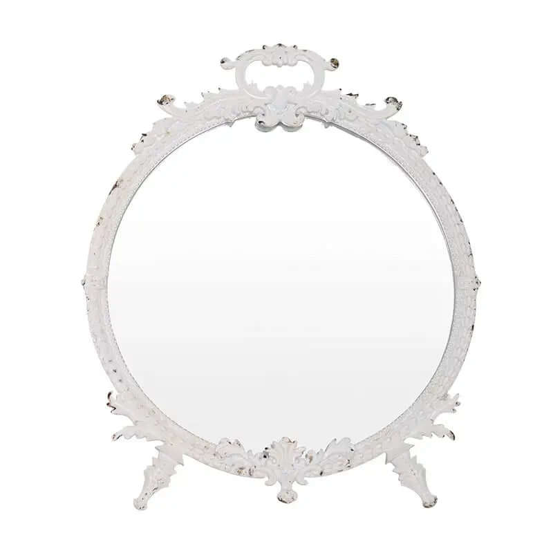 Distressed White Vintage Makeup Mirror with Ornate Pewter Frame