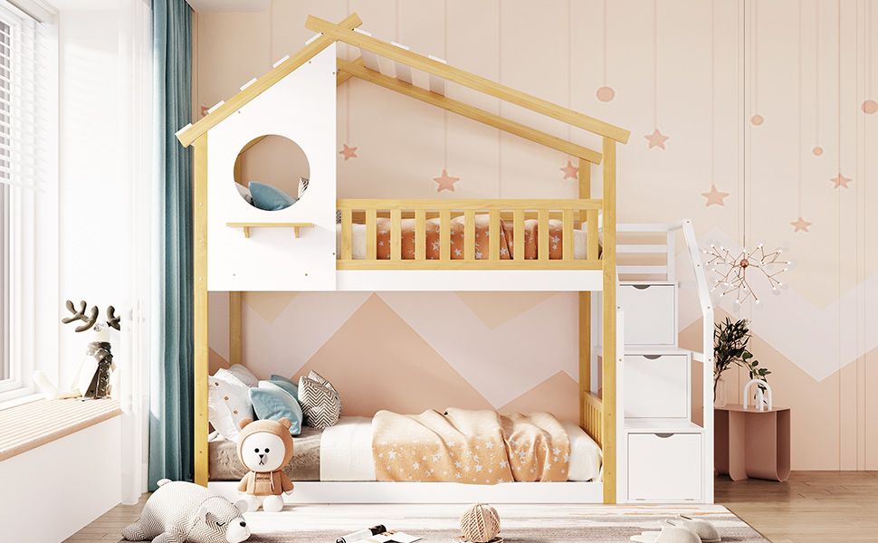 Staircase Storage Twin Over Twin Wood Bunk Bed with House Style, Storage, and Guard Rail, Natural and White | Just Better Bunk Beds