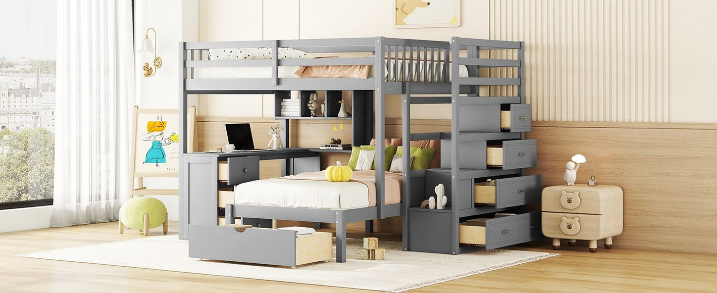 Shared Room Solution Full Over Twin Wood Bunk Bed with Desk, Drawers and Shelves, Gray | Just Better Bunk Beds