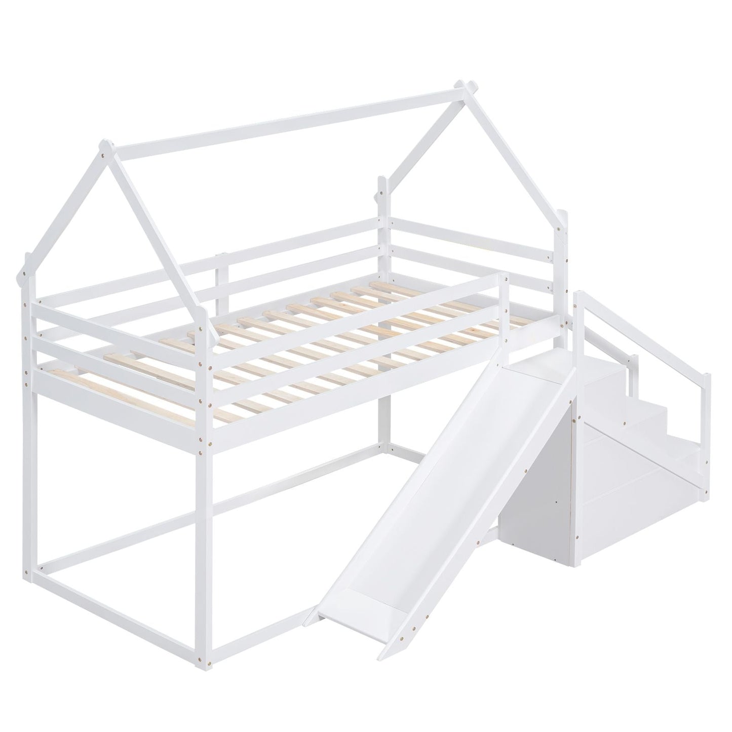 Kids Bedroom Twin Over Twin Wood House Loft Bed with Slide and Staircase, White | Just Better Bunk Beds