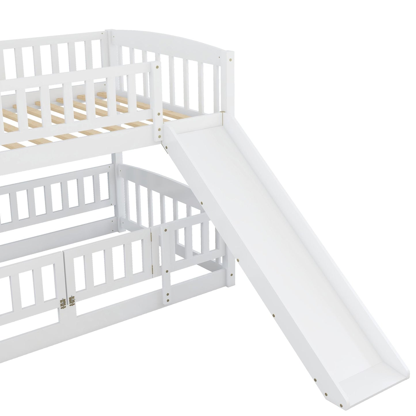 Kids Bedroom Twin Over Twin Wood Low Bunk Bed with Slide, Fence and Ladder, White | Just Better Bunk Beds