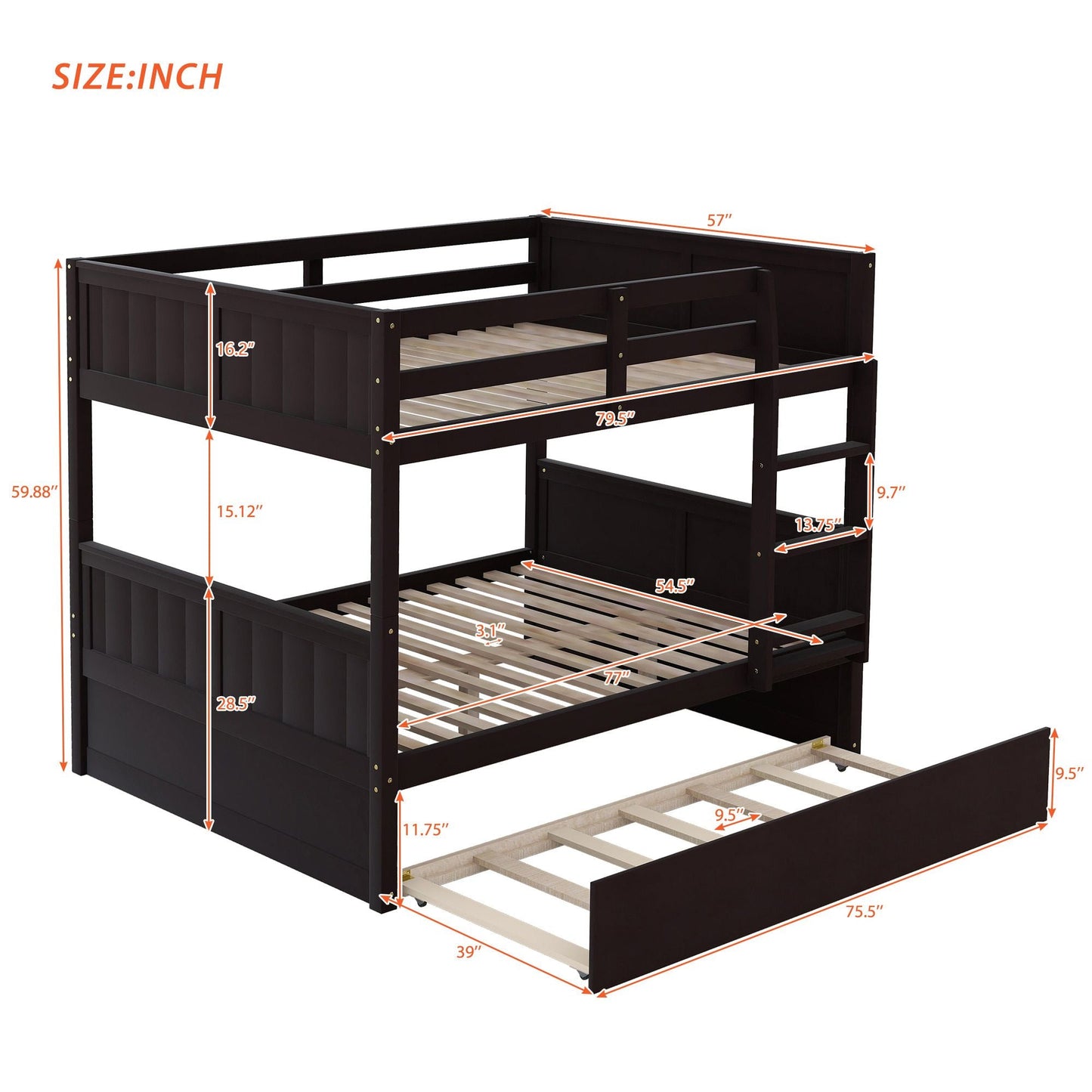 Space-Saving Full Over Full Wood Bunk Bed with Twin Trundle, Espresso | Just Better Bunk Beds