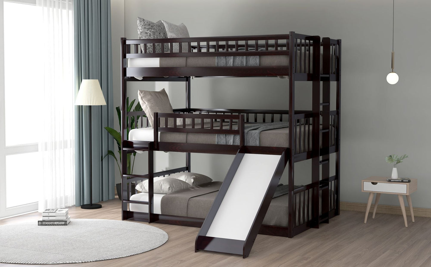 Shared Room Solution Full Over Full Over Full Wood Triple Bunk Bed with Ladder, Slide, Guardrails, Espresso | Just Better Bunk Beds