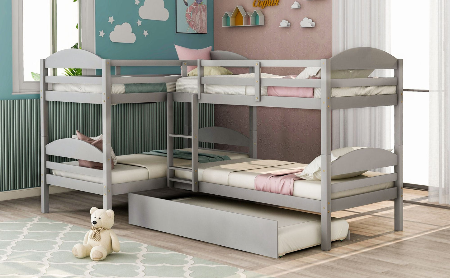 Space-Saving Twin L-Shaped Wood Bunk Bed with Trundle, Gray | Just Better Bunk Beds