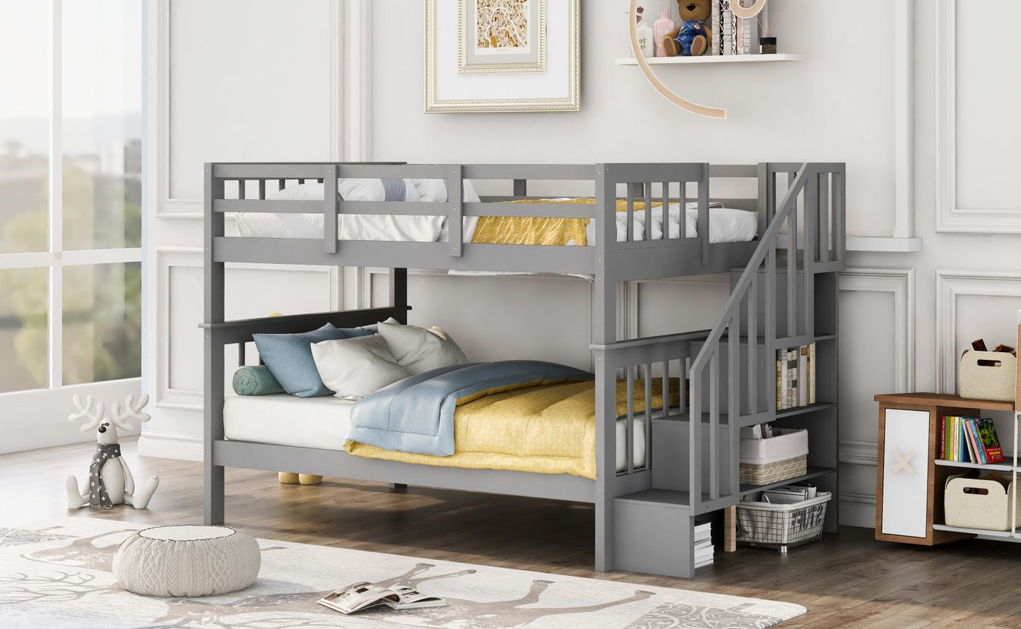 Stairway Full-Over-Full Bunk Bed with Storage and Guard Rail for Bedroom, Dorm, Gray