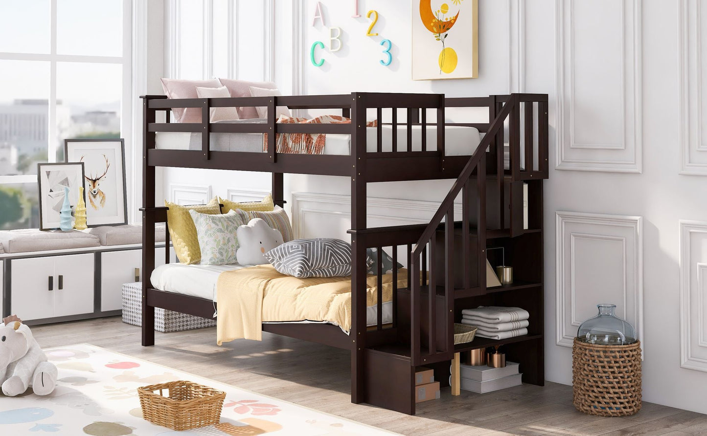 Staircase Storage Twin Over Twin Wood Bunk Bed, Espresso | Just Better Bunk Beds