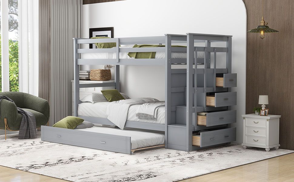 Shared Room Solution Twin Over Twin Wood Bunk Bed with Trundle and Staircase, Gray | Just Better Bunk Beds