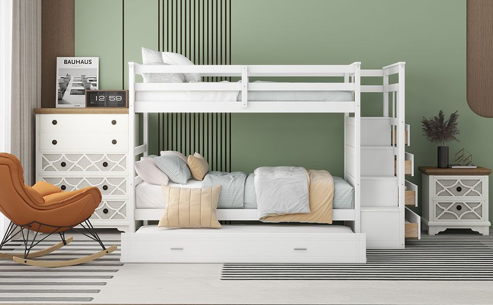 Shared Room Solution Twin Over Twin Wood Bunk Bed with Trundle and Staircase, White | Just Better Bunk Beds