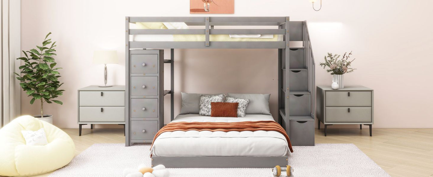 Staircase Storage Twin Over Full Wood Bunk Bed with Shelves and Drawers, Gray | Just Better Bunk Beds