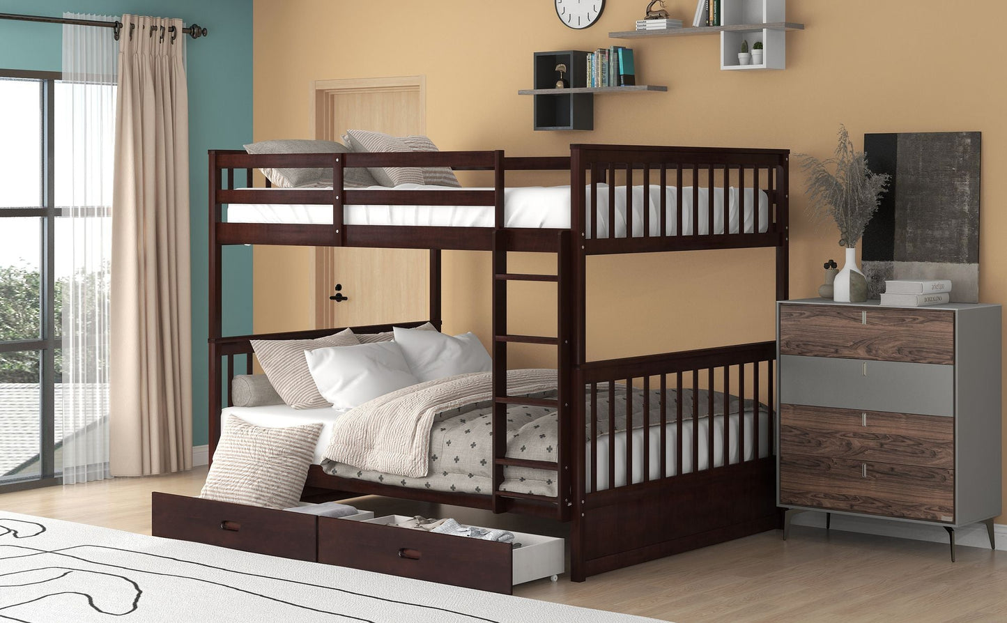 Storage-Focused Full Over Full Wood Bunk Bed with Ladders and Drawers, Espresso | Just Better Bunk Beds