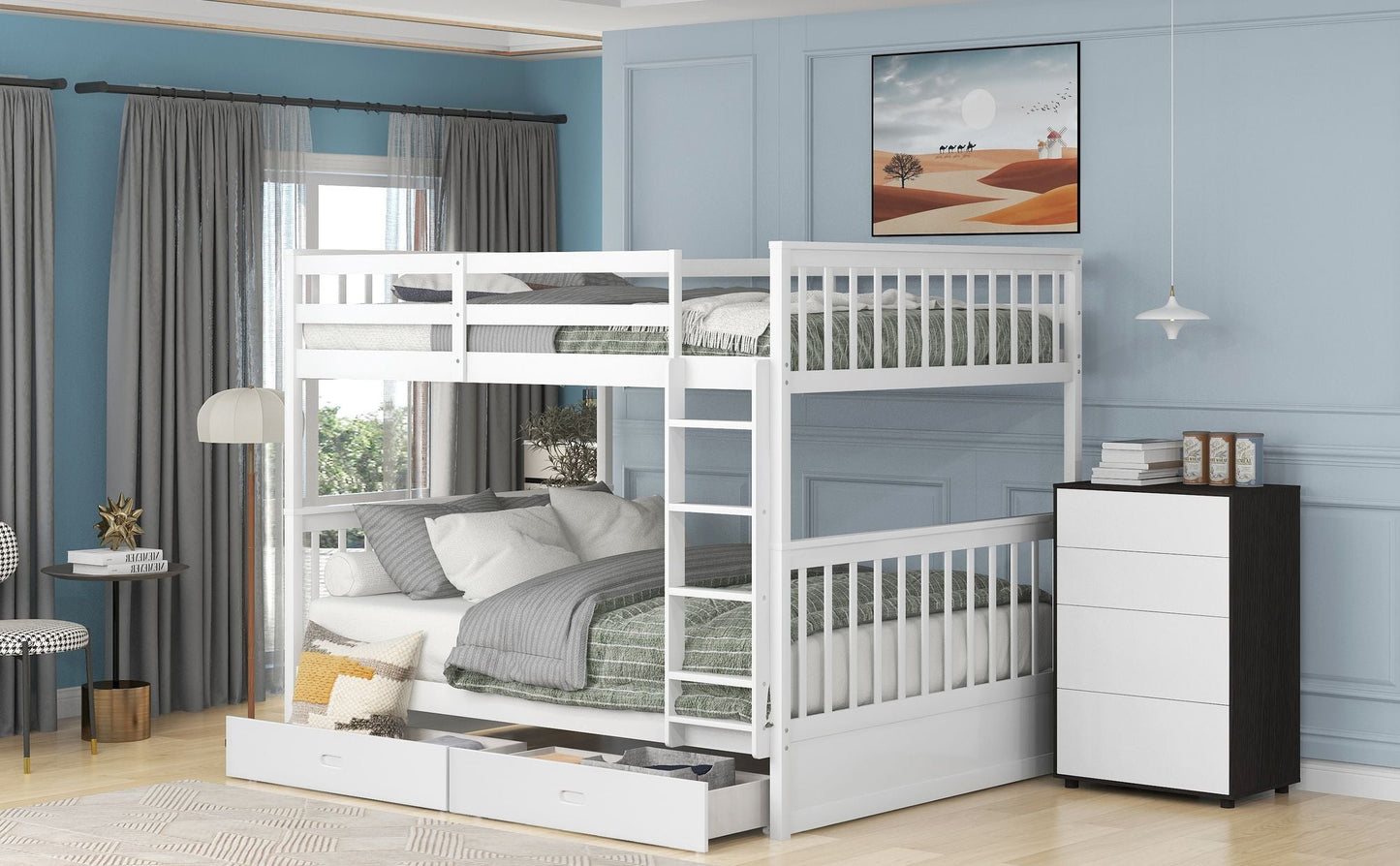 Spacious Full Over Full Wood Bunk Bed with Ladders and Two Storage Drawers, White | Just Better Bunk Beds