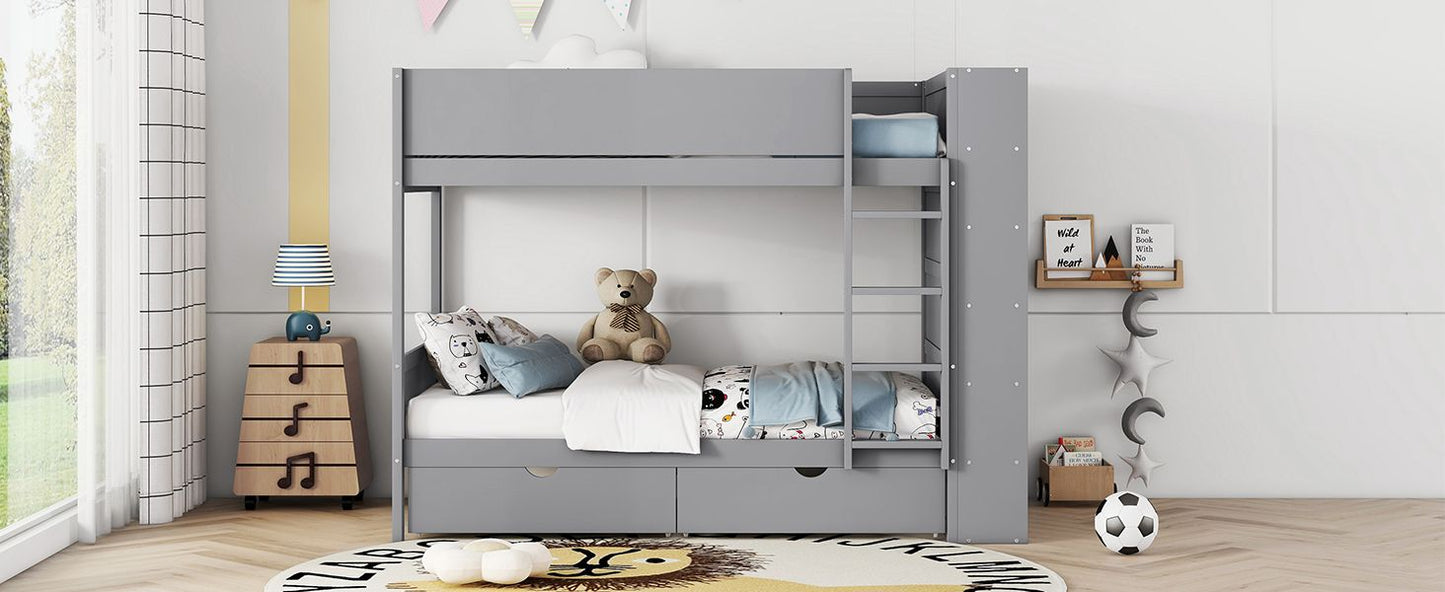 Twin over Twin Bunk Bed With 2 Drawers and Multi-layer Cabinet, Gray