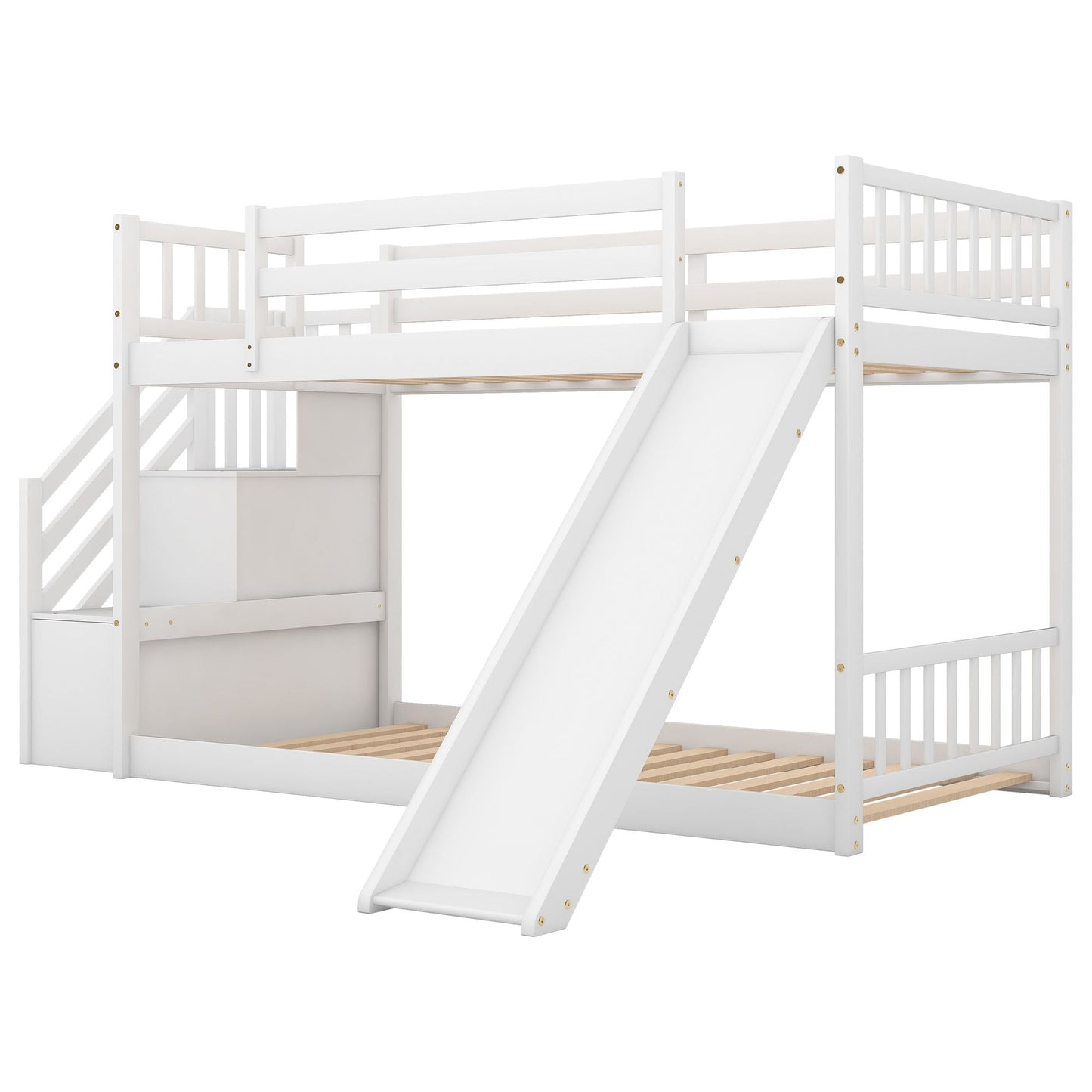 Convertible Twin Over Twin Wood Bunk Bed with Slide and Stairway, White | Just Better Bunk Beds