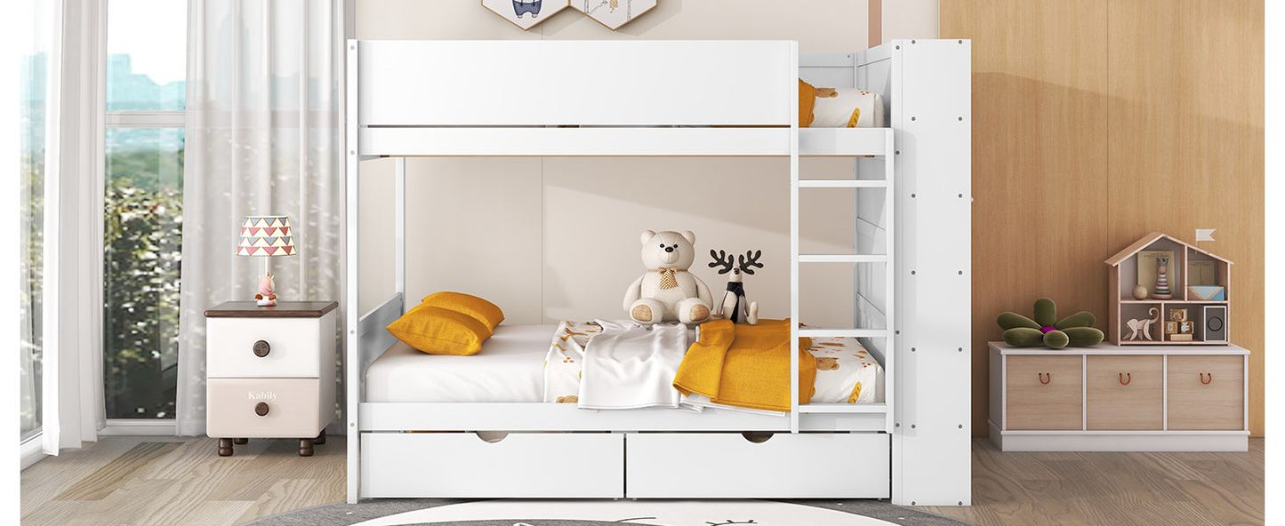Organized Full Over Full Wood Bunk Bed with 2 Drawers and Multi-Layer Cabinet, White | Just Better Bunk Beds