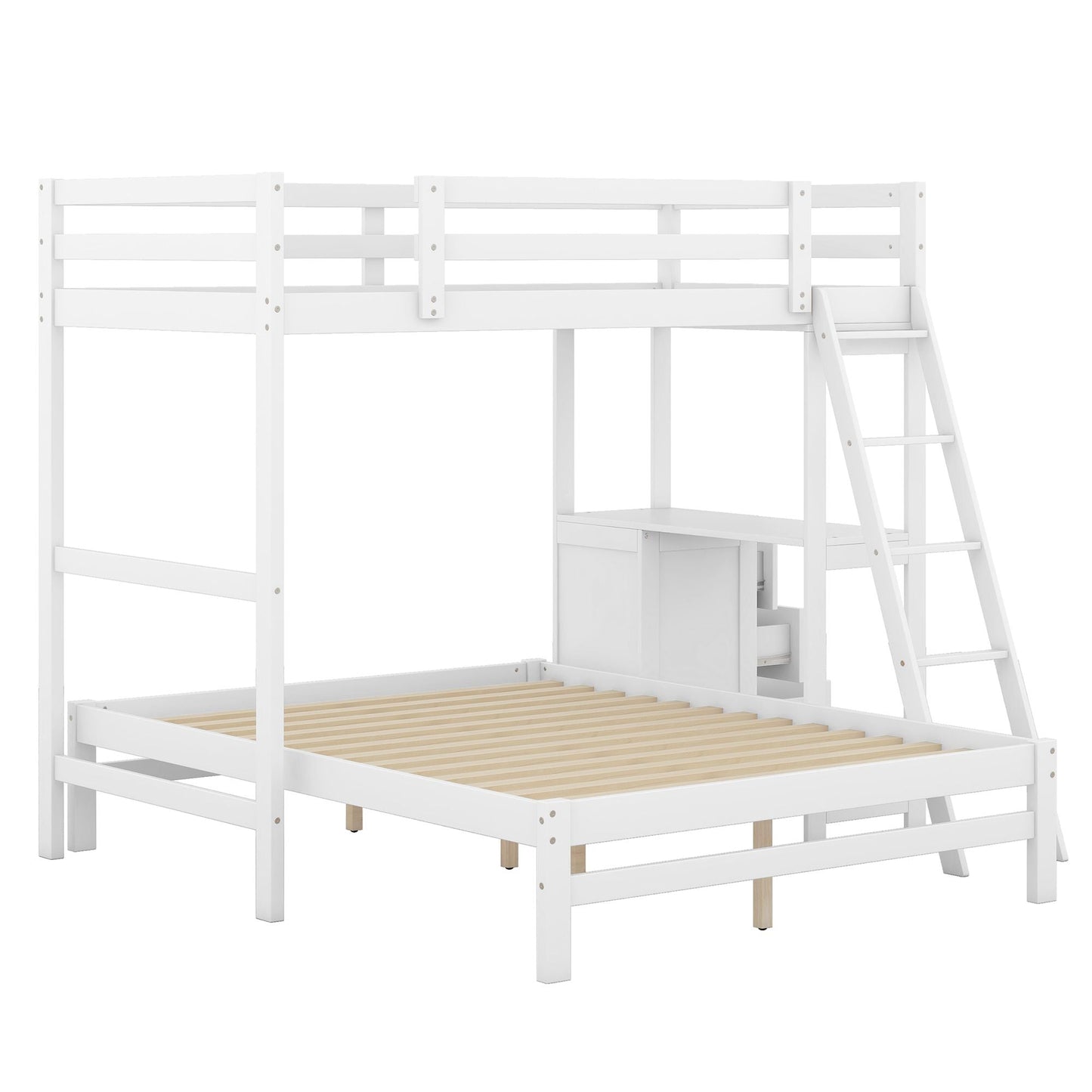 Kids Bedroom Twin Over Full Wood Bunk Bed with Built-in Desk and Three Drawers, White | Just Better Bunk Beds