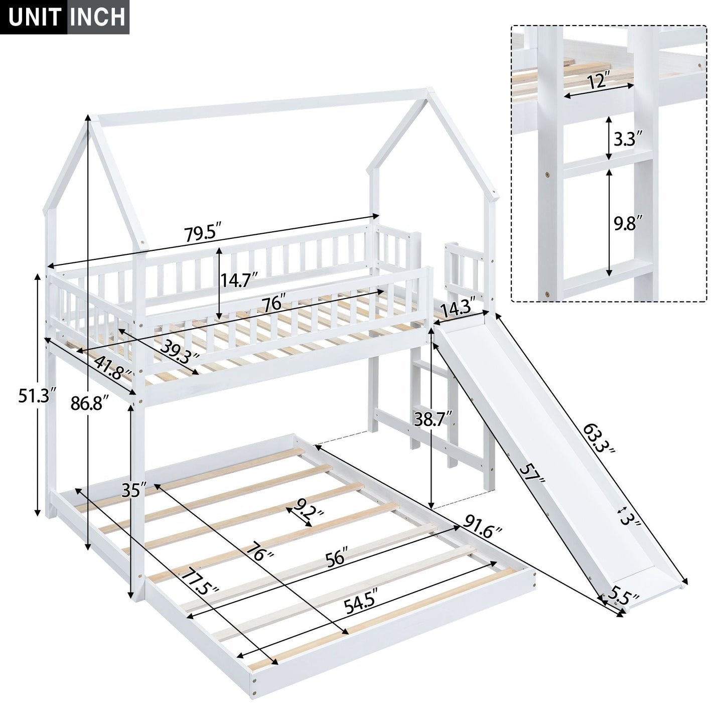 Twin over Full House Bunk Bed with Slide and Built-in Ladder, Full-Length Guardrail
