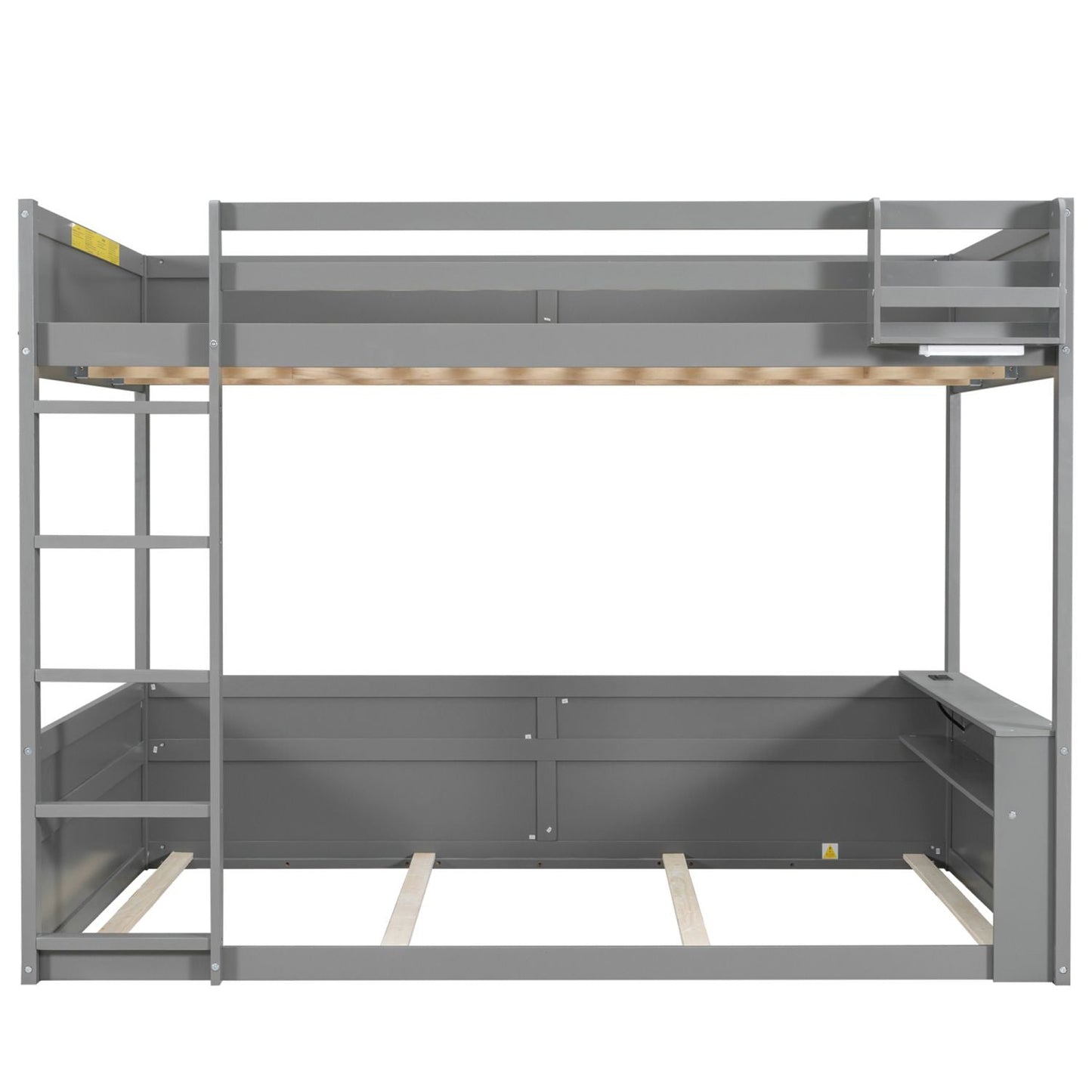 Kids Bedroom Queen Wood Bunk Bed with Built-in Shelves, Storage Box, LED Light, USB Charging, Gray | Just Better Bunk Beds
