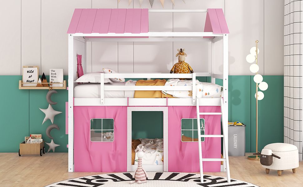 House-Style Full Wood Bunk Bed with Windows, Sills and Tent, Pink and White | Just Better Bunk Beds