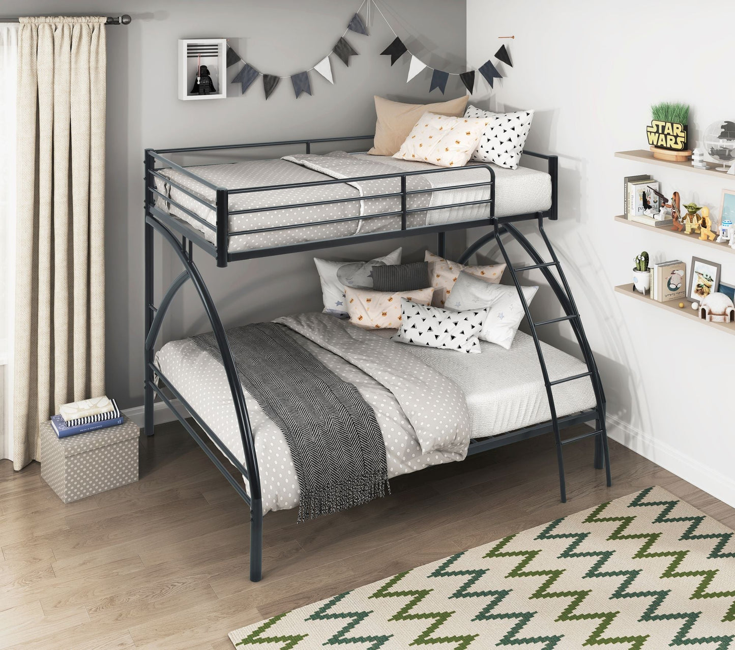 Black Metal Frame Twin/Full Bunk Bed, Youth Bed, Youth Bedroom Furniture, Easy Assembly