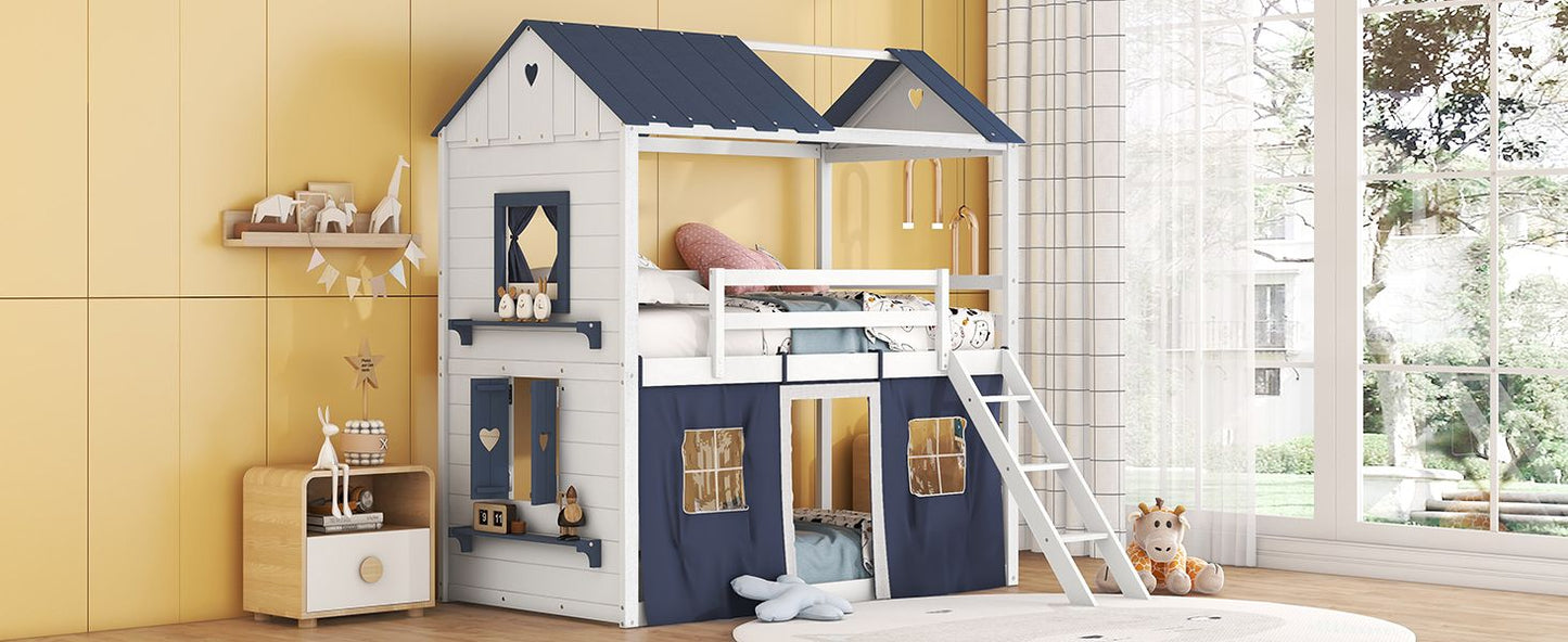 House-Style Twin Wood Bunk Bed with Elegant Windows, Sills, Tent, Blue and White | Just Better Bunk Beds