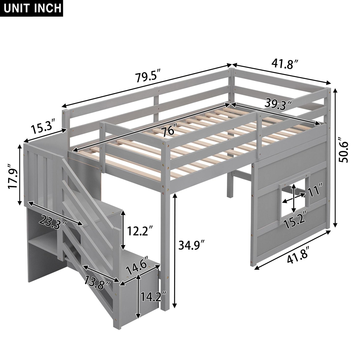 Space-Saving Twin Loft Wood Bed with Storage Staircase and Window, White | Just Better Bunk Beds